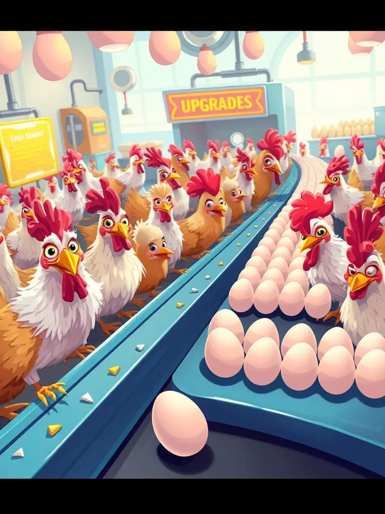 A vibrant screenshot from Boşta Yumurta Kralı showing the egg production line with various upgrades and funny-looking chickens.